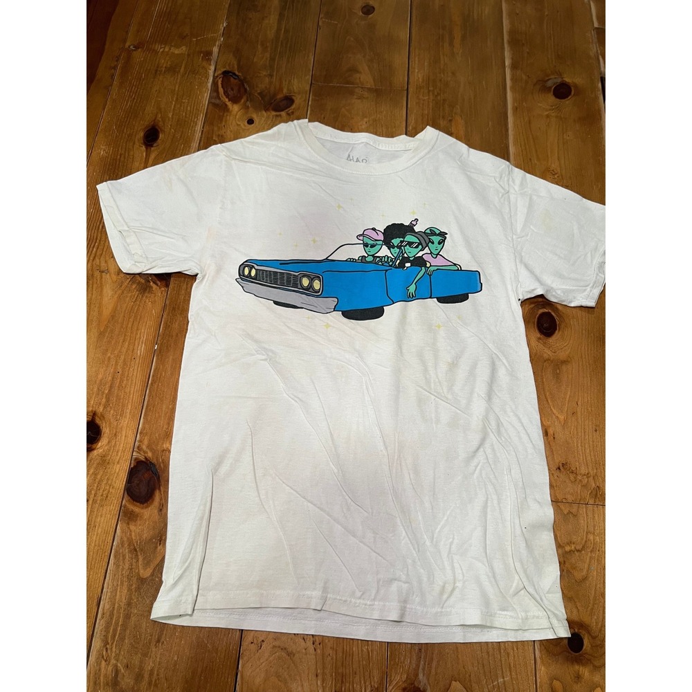 A-Lab Mens Alien Road Trip Graphic Tee White Short Sleeve Cotton T-Shirt Small